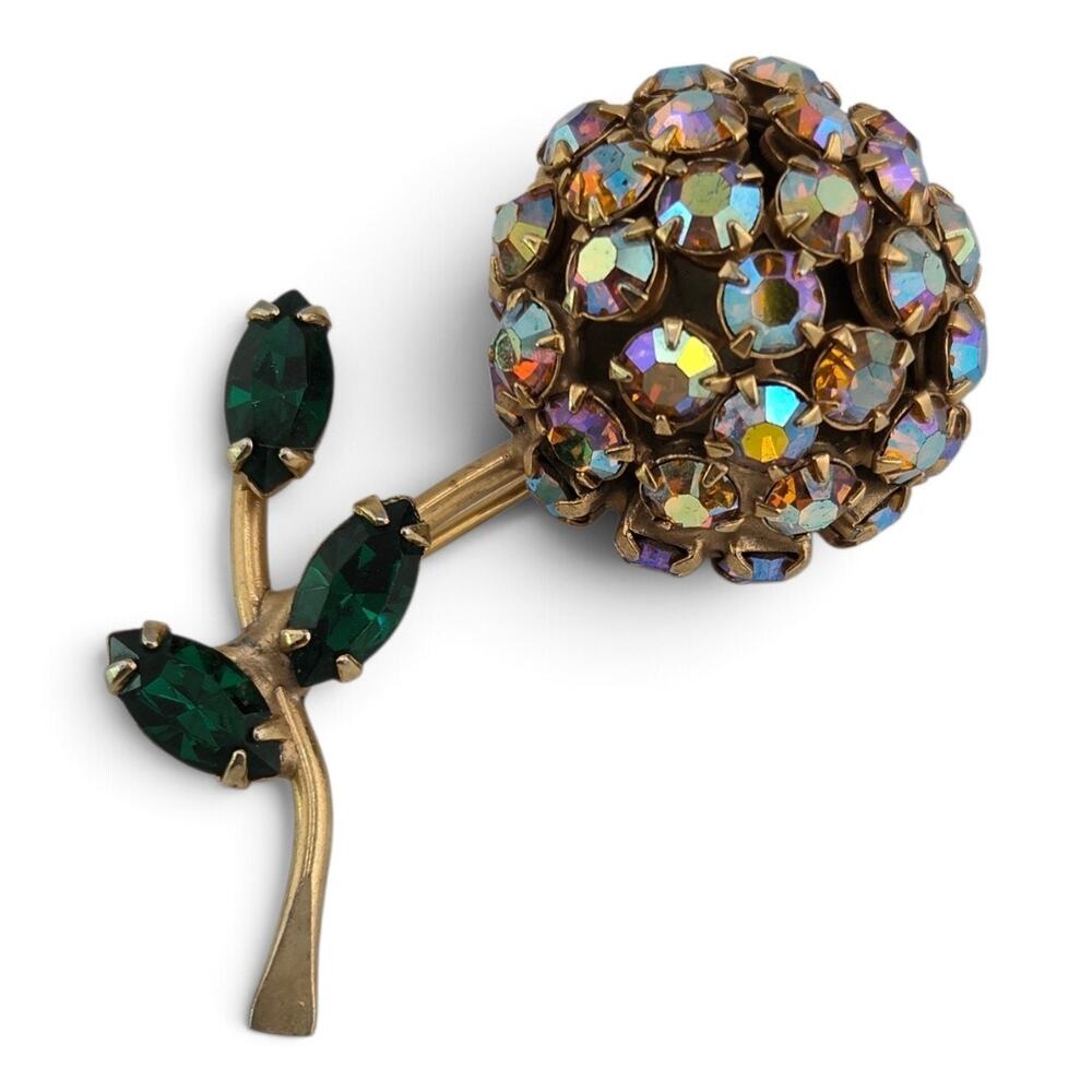 Vintage Warner AB Rhinestone Flower Brooch Green Navette Gold Tone Signed